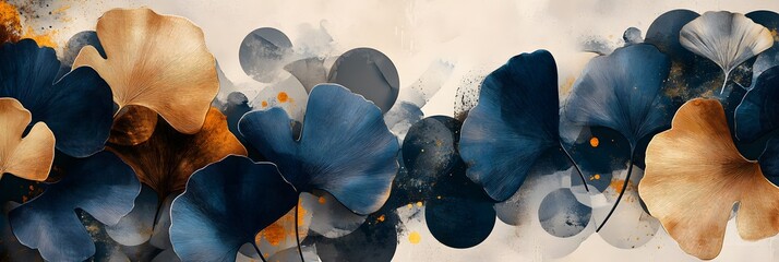 Abstract Ginkgo Leaves in Blue Gold Hues