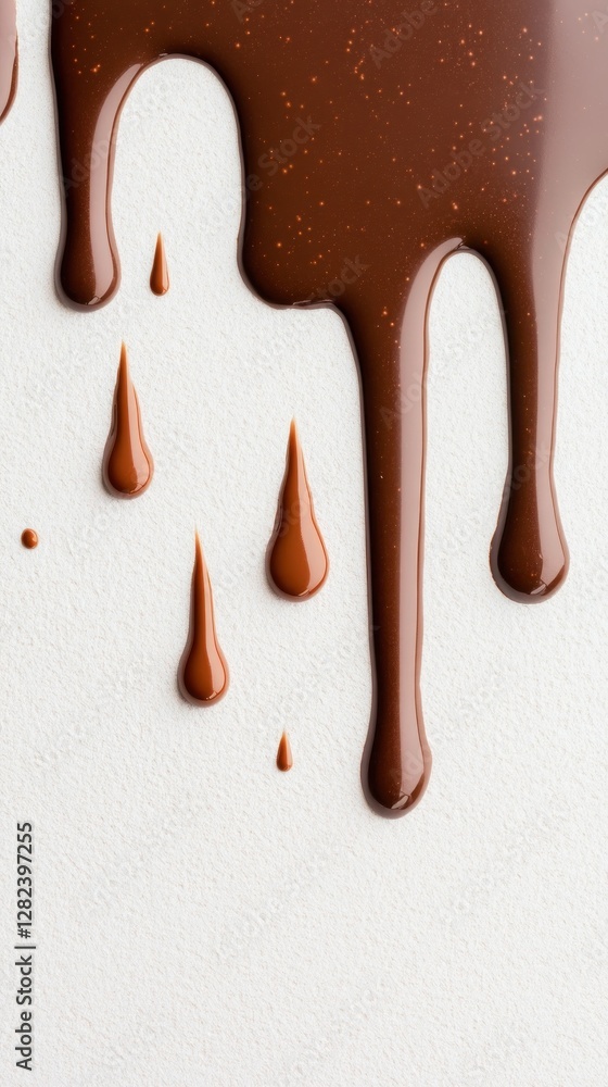 Poster a rich brown chocolate texture drips down a smooth white surface presenting an appealing and invitin