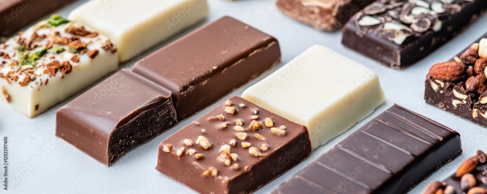 Poster close up view of various craft chocolate bars featuring different textures and toppings. the assortm