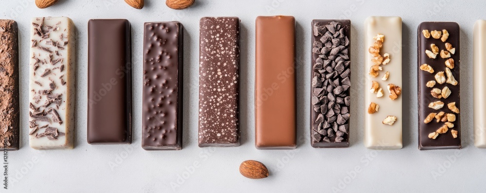 Poster close up view of various craft chocolate bars displayed creatively with different textures and flavo