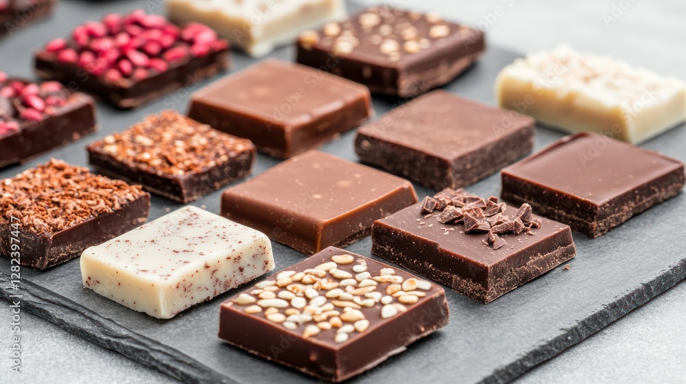 Poster close up view of assorted craft chocolate bars displayed on a slate board showcasing different textu