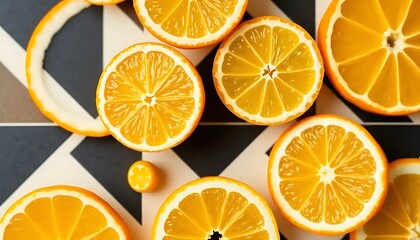 Bright sliced oranges arranged on a geometric black and white pattern