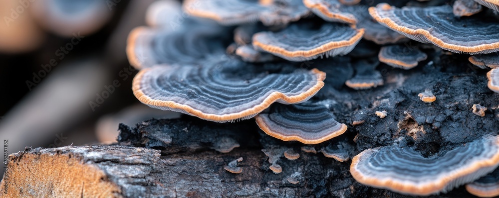 Poster vibrant mushrooms with intricate patterns are growing on a damp log in a forest setting. their uniqu