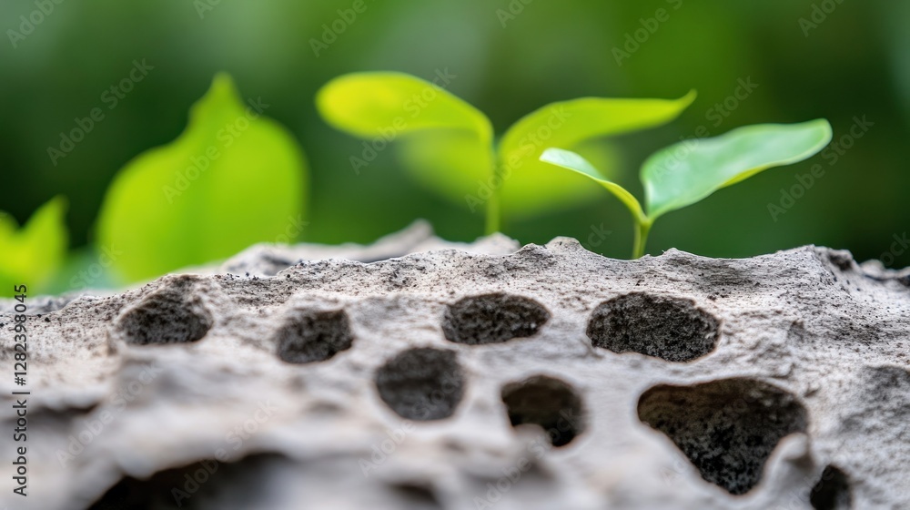 Poster detailed close up highlights the texture of rotting tree bark adorned with small green leaves creati