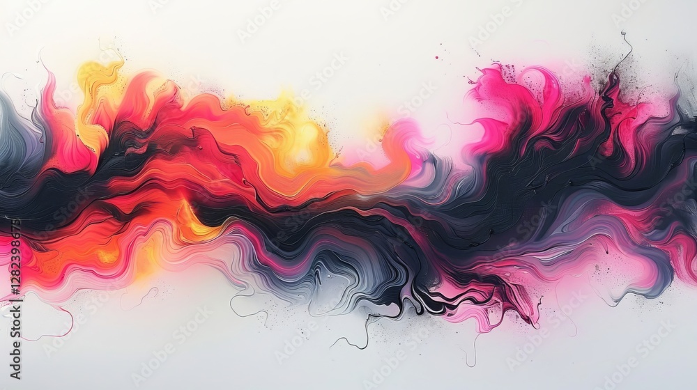Poster bright golden yellow vibrant red and deep black paint intertwine on a smooth white surface creating 