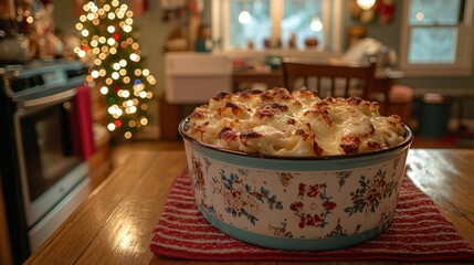 Baked Mac and Cheese in a Kitchen with Christmas Tree; holiday meal for family
