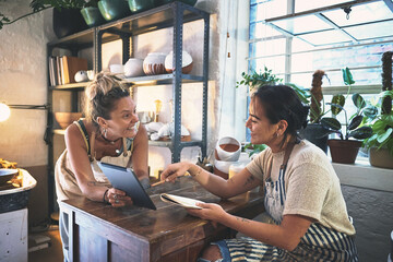 Pottery, entrepreneur and women with tablet, small business and inventory for stock in shop, tech...