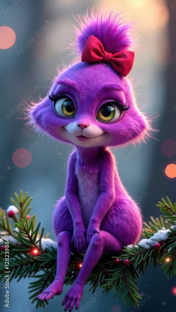 Aufkleber a purple animated character with large eyes and a bow sits comfortably on a christmas tree branch. c