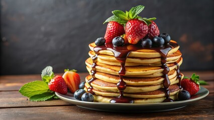Fluffy pancakes stacked high with rich chocolate sauce and fresh fruit, sweet treat, breakfast food