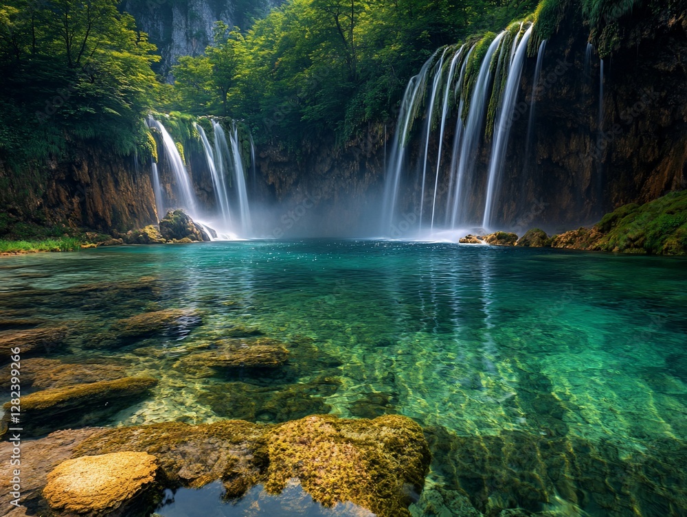 Poster serene waterfall cascading into a crystal-clear pool, surrounded by lush greenery.