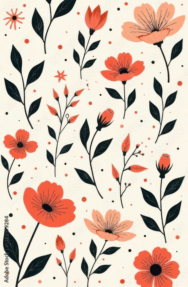 Aufkleber this vibrant floral design showcases an array of flowers and leaves in shades of red and black again