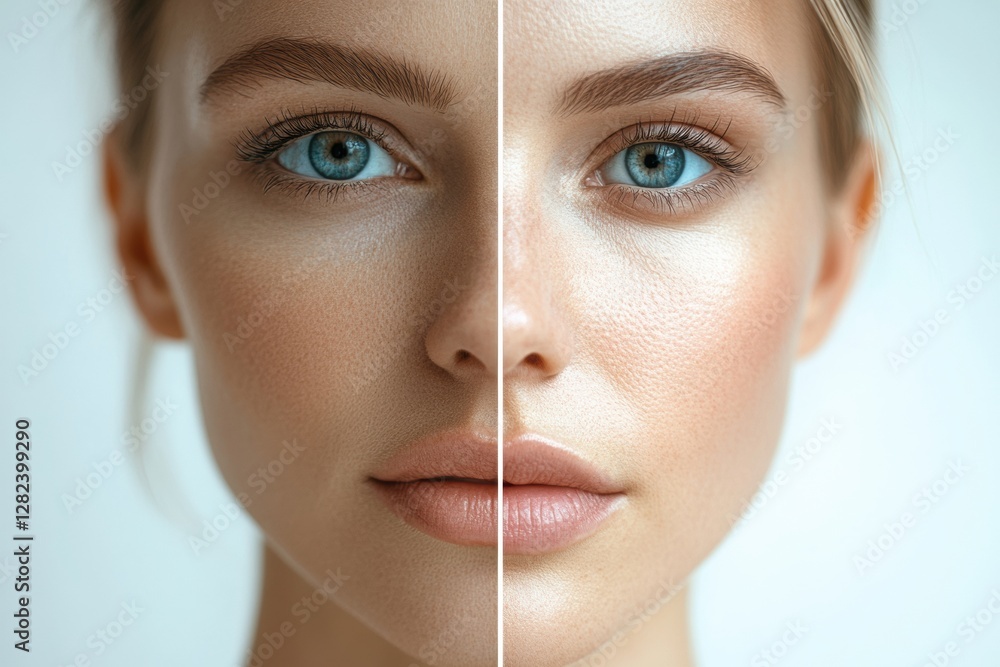 Poster split screen representation of aging and youth in a womans facial features showcasing contrast. gene