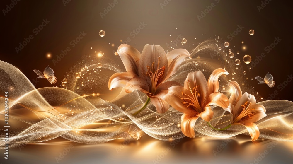 Poster delicate golden lilies elegantly intertwine with soft waves in a modern minimalistic design featurin