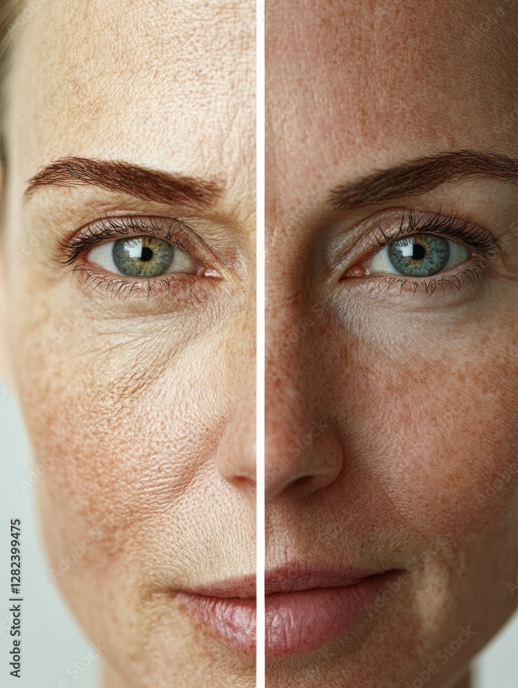 Poster visual comparison of aging effects on skin showcasing wrinkles and dullness contrasted with smooth, 