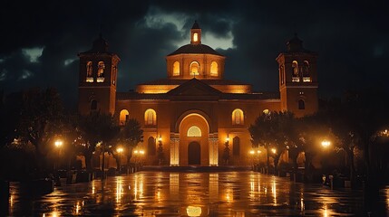 Illuminated church at night, wet plaza reflecting, dramatic sky