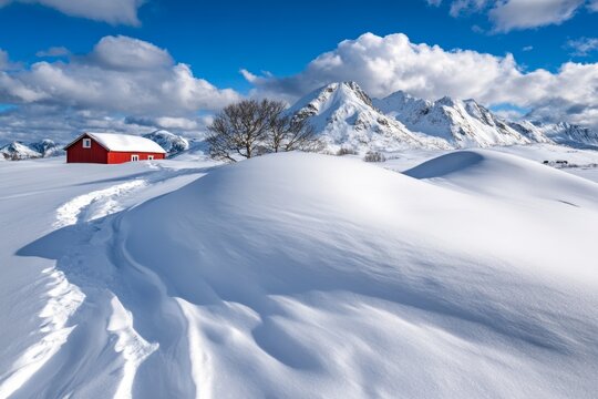 Lofoten islands landscape with tipical red houses, Norway