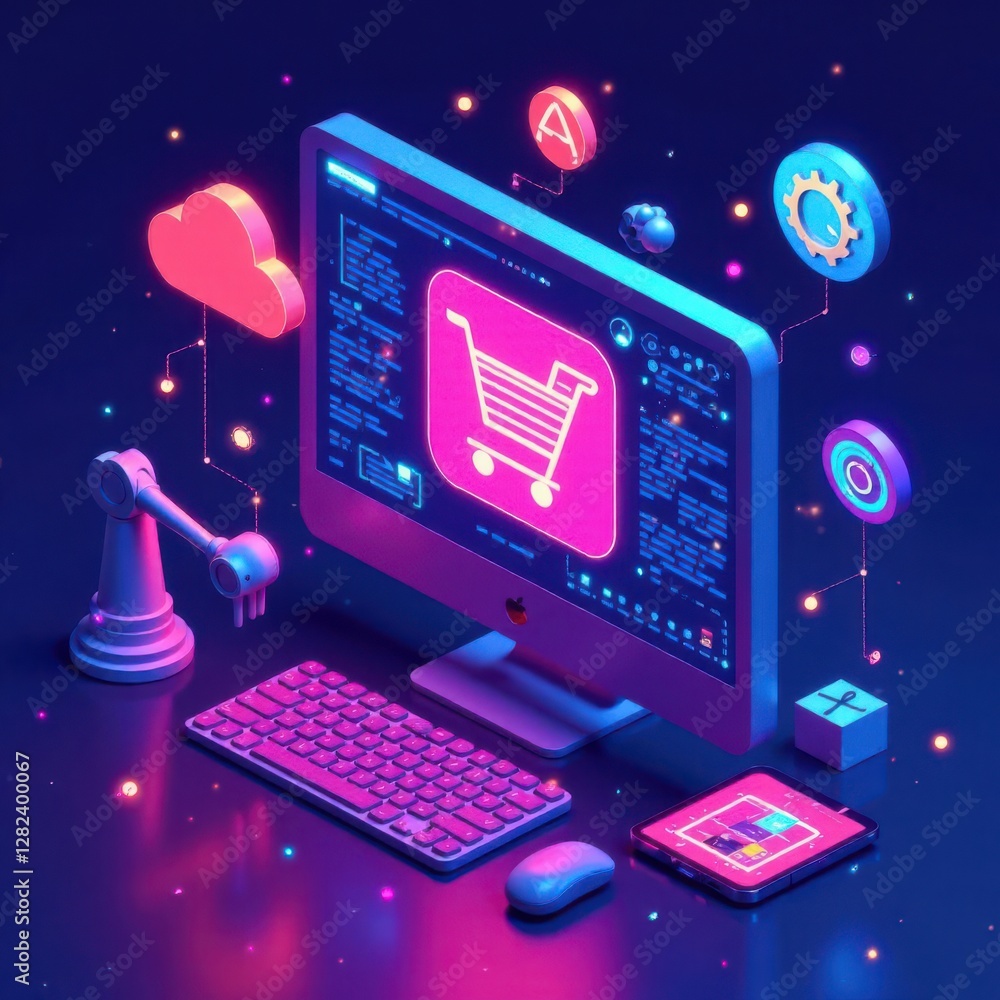 Poster a vibrant digital workspace showcases an online shopping experience featuring a computer keyboard ta