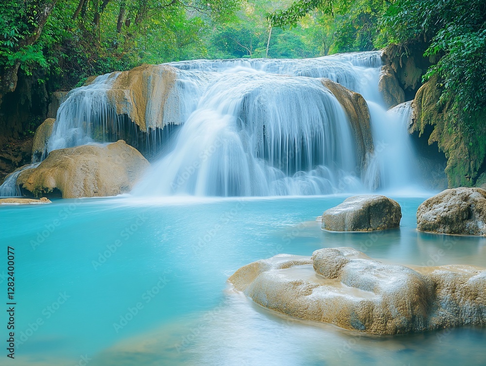 Poster serene turquoise waterfall cascading over rocks into a calm pool, surrounded by lush green forest.