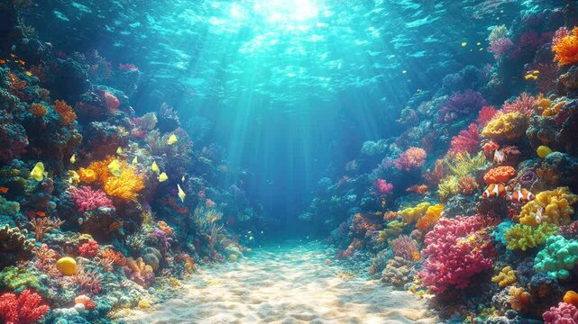 A vibrant underwater scene showcasing colorful coral reefs and diverse marine life. Seamless looping 4k video background 