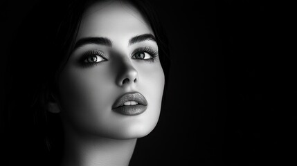 Fototapeta premium Black and white portrait of a woman, studio shot, dark background, beauty, fashion