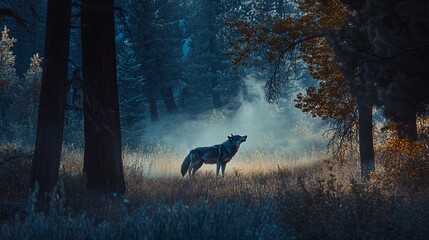 Lone wolf howling in a mystical foggy forest at dawn.