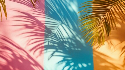 Palm leaves cast shadows on a pastel-colored wall.