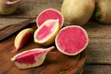 Fresh ripe turnips on wooden table, closeup