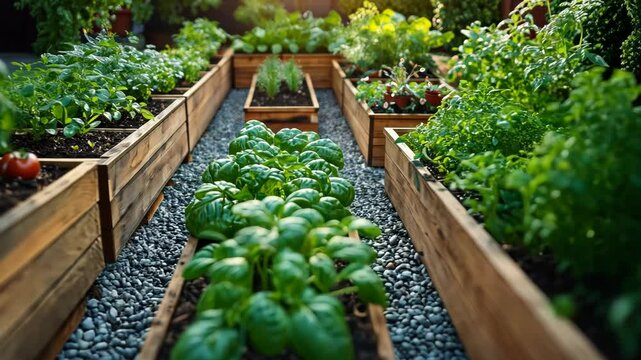 Raised garden beds with basil, tomatoes, and other herbs growing in a backyard.