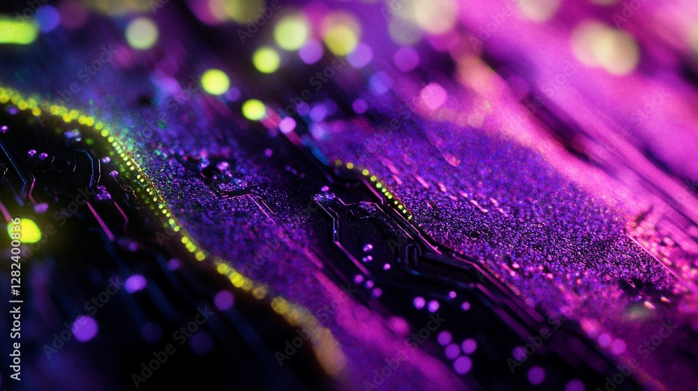 Poster Abstract close-up of vibrant purple and green circuit board with glowing lines and bokeh.