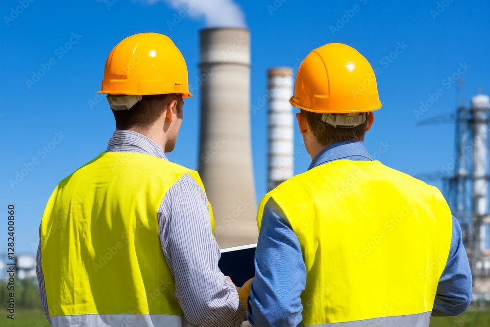 Aufkleber Male and female industrial engineers using tablet computer and blueprints checking and analysis data of power plant station project on network background