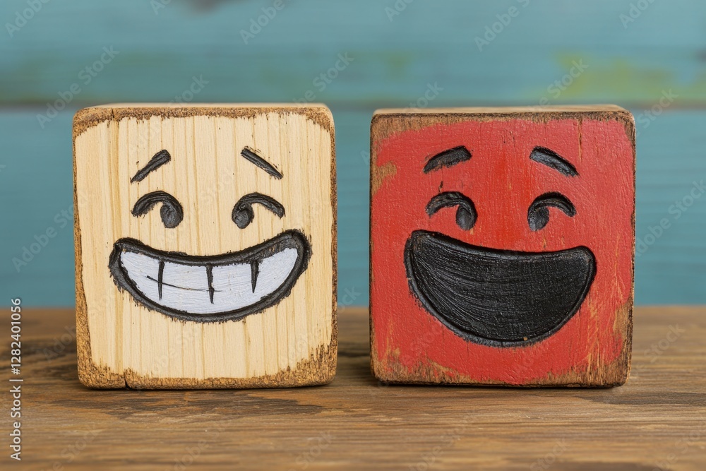 Poster Man hand points on a wooden cube with happy smile face on bright side and unhappy face on dark side of wooden block cube for a positive mindset selection Emotional state and mental health concept
