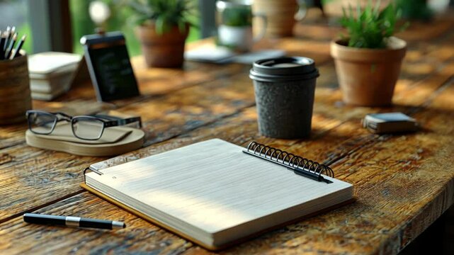 Open notebook with pen on rustic wooden table, coffee cup, glasses, and pencils nearby.