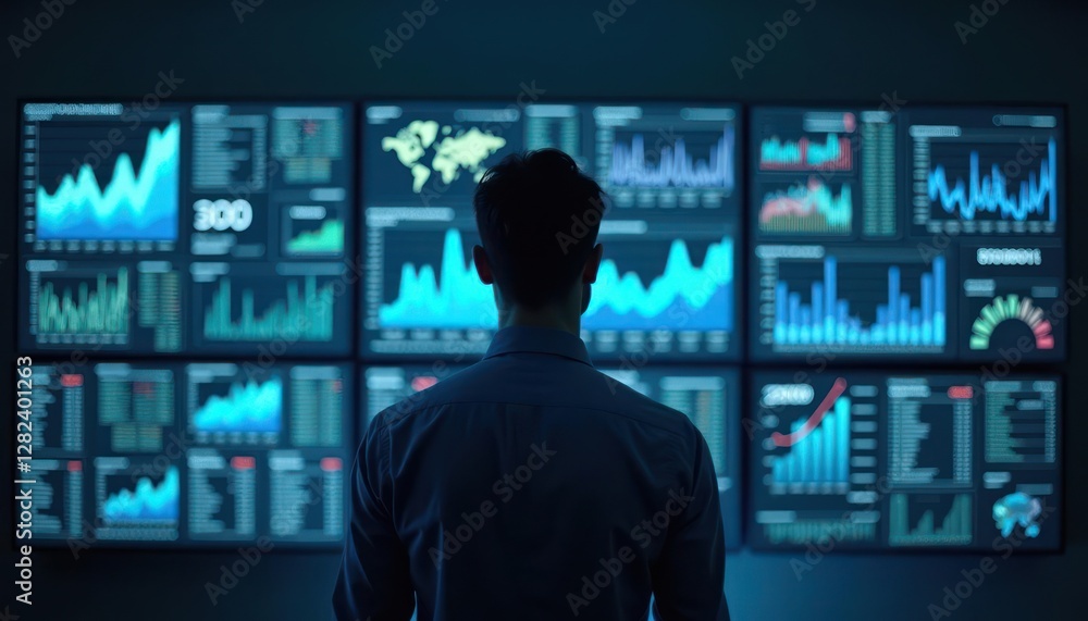 Aufkleber analyst reviewing data on multiple screens