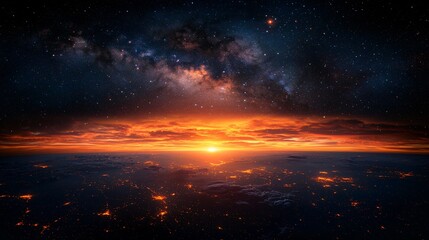 Fototapeta premium Aerial sunset view, city lights, Milky Way