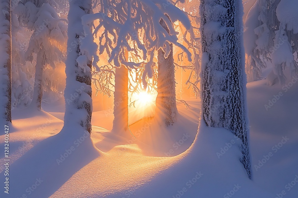Poster sun rays pierce through snow-covered trees in a winter forest.