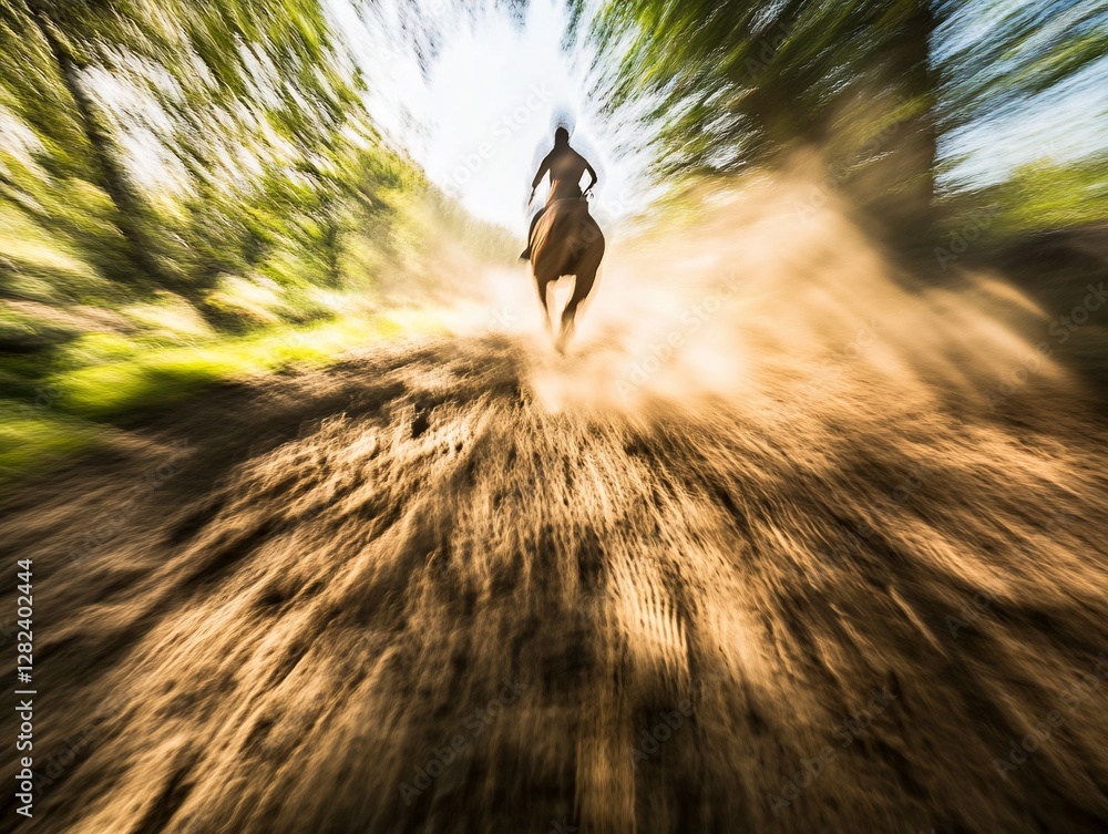 Aufkleber a rider on horseback gallops along a dusty trail, creating a motion blur effect. sunlight streams th