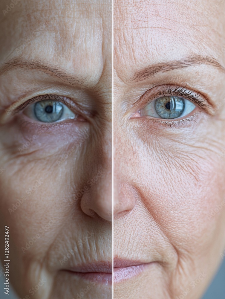 Poster Transformation of Aging Skin to Youthful Appearance Captured in a Split Image on Display. Generative AI