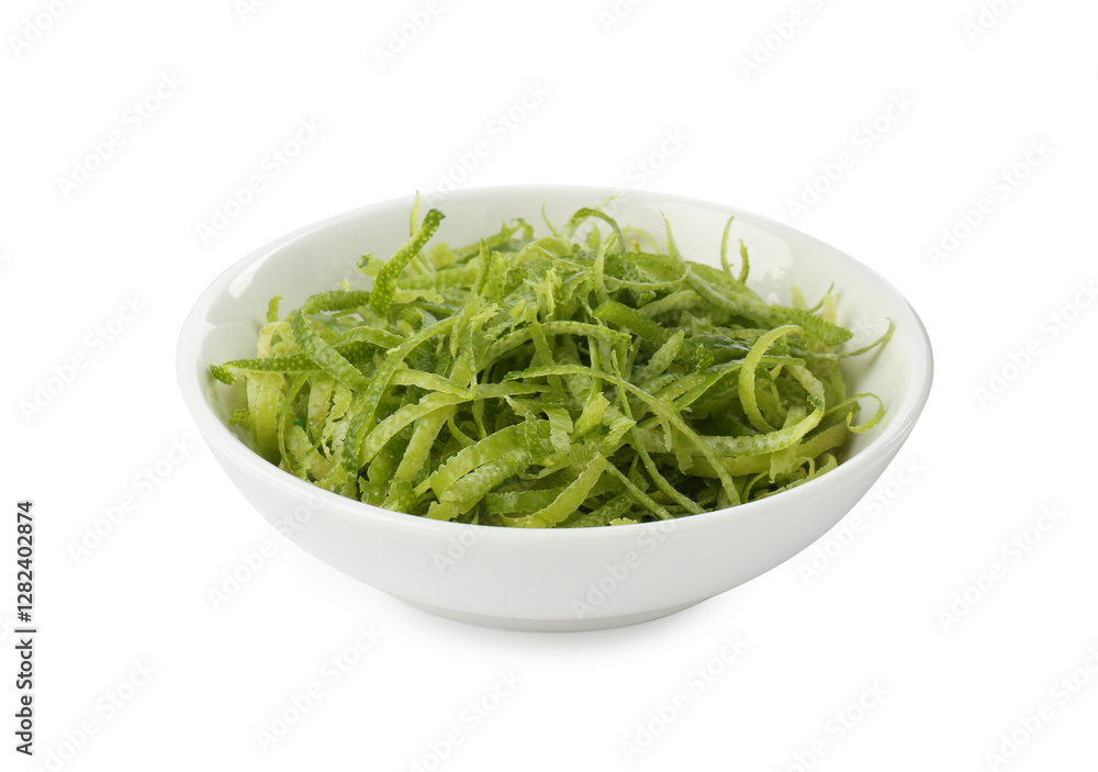 Wall mural Lime zest in bowl isolated on white