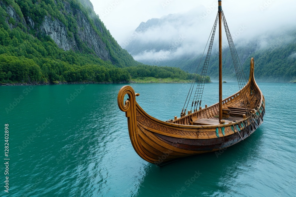 Poster Misty fjord with Viking longship moored in foreground Lush forests and towering cliffs surround calm waters Ethereal atmosphere with soft light and low clouds