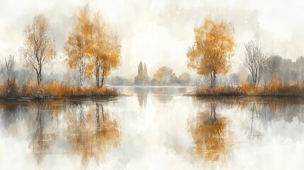 Fototapeta premium Autumn lake reflection, tranquil scene, misty morning, peaceful landscape, home decor