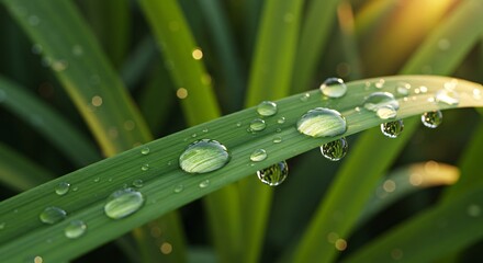 Naklejka premium Realistic close-up of dewdrops on fresh green leaves in morning sunlight