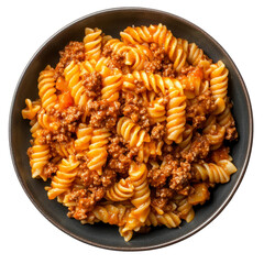 frozen bolognese pasta in a plate, top view, white background