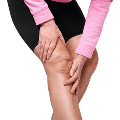 Woman suffering from pain in her knee on white background, closeup