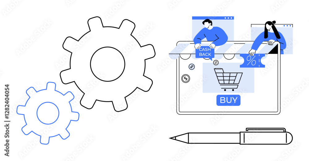 Poster computer screen displays shopping cart and cashback feature with people. large gears indicate workin