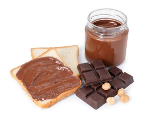 Tasty sandwiches with chocolate butter, pieces of chocolate and hazelnuts isolated on white
