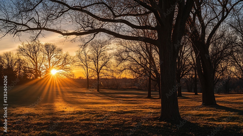 Poster sun rays bursting through leafless trees at sunset over a grassy field.