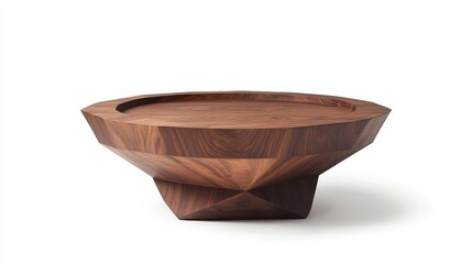 Walnut wood coffee table, geometric design, white background, modern home decor