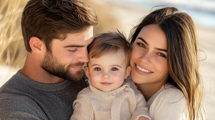 Fototapeta premium Happy family enjoying time at beach with baby during sunset