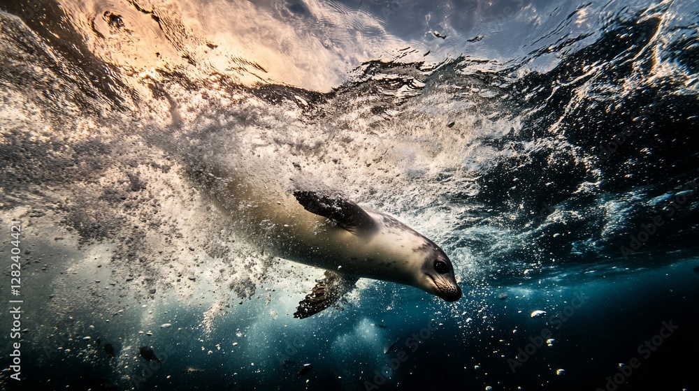 Poster A seal gracefully dives into the ocean, creating a wave of splashes around it.