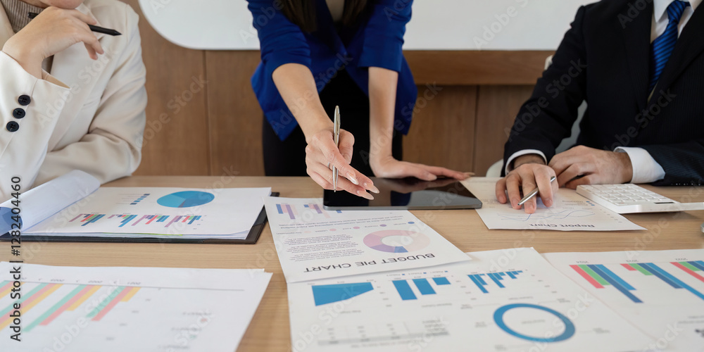 Poster business team analyzing budget pie chart and data reports during a meeting, discussing financial per